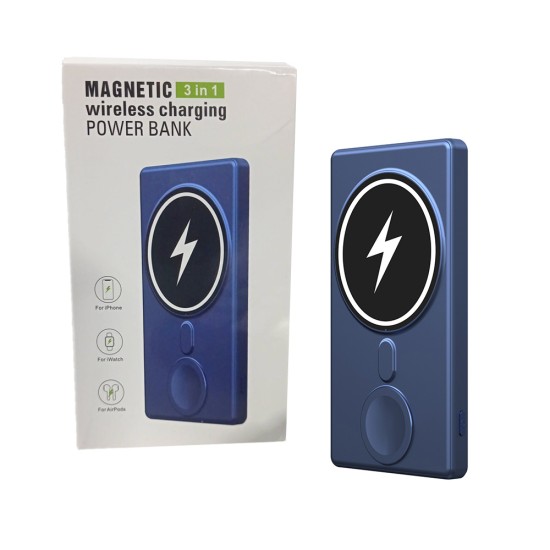 MINI BANCO DE ENERGIA MAGNÉTICO SEM FIO 3 EM 1 N66 PARA IPHONE/AIRPODS/SMARTWATCH 5000MAH AZUL